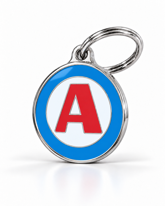 TAGiDOG letter A dog ID tag, angled view