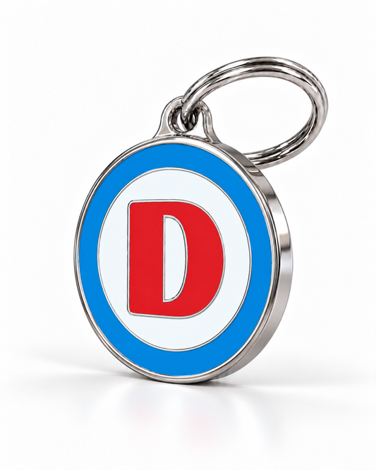 TAGiDOG letter D dog ID tag, angled view