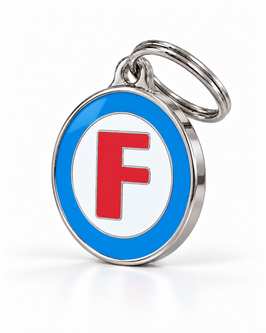 TAGiDOG letter F dog ID tag, angled view