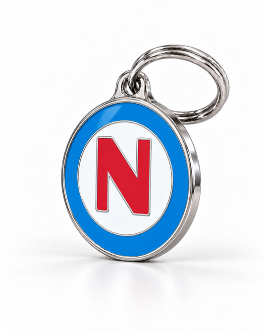 TAGiDOG letter N dog ID tag, angled view