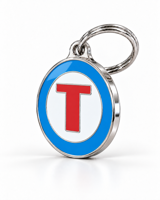 TAGiDOG letter T dog ID tag, angled view