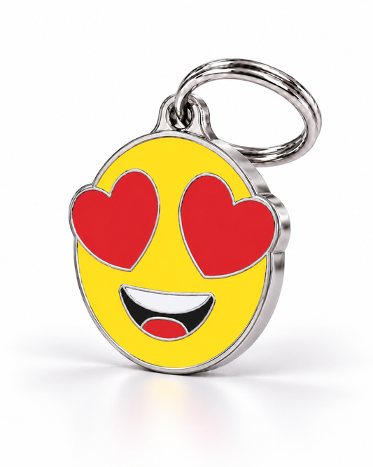TAGiDOG Emoji Love Eyes dog ID tag, angled view
