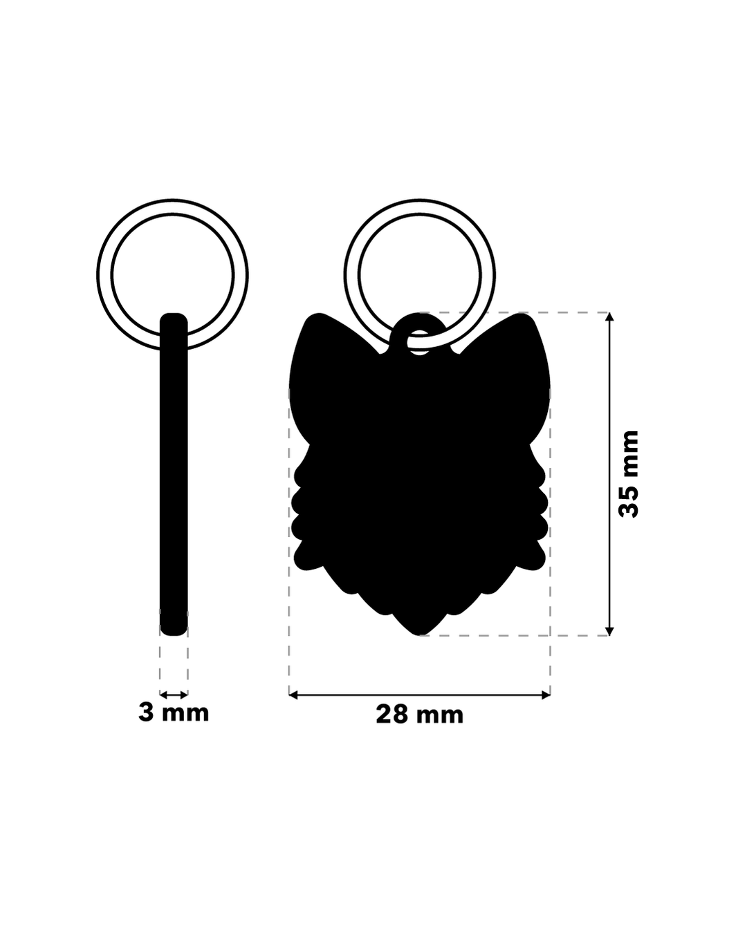 TAGiDOG Long Coat Chihuahua Dog ID Tag dimensions, 28 mm wide and 35 mm high, 3 mm thickness