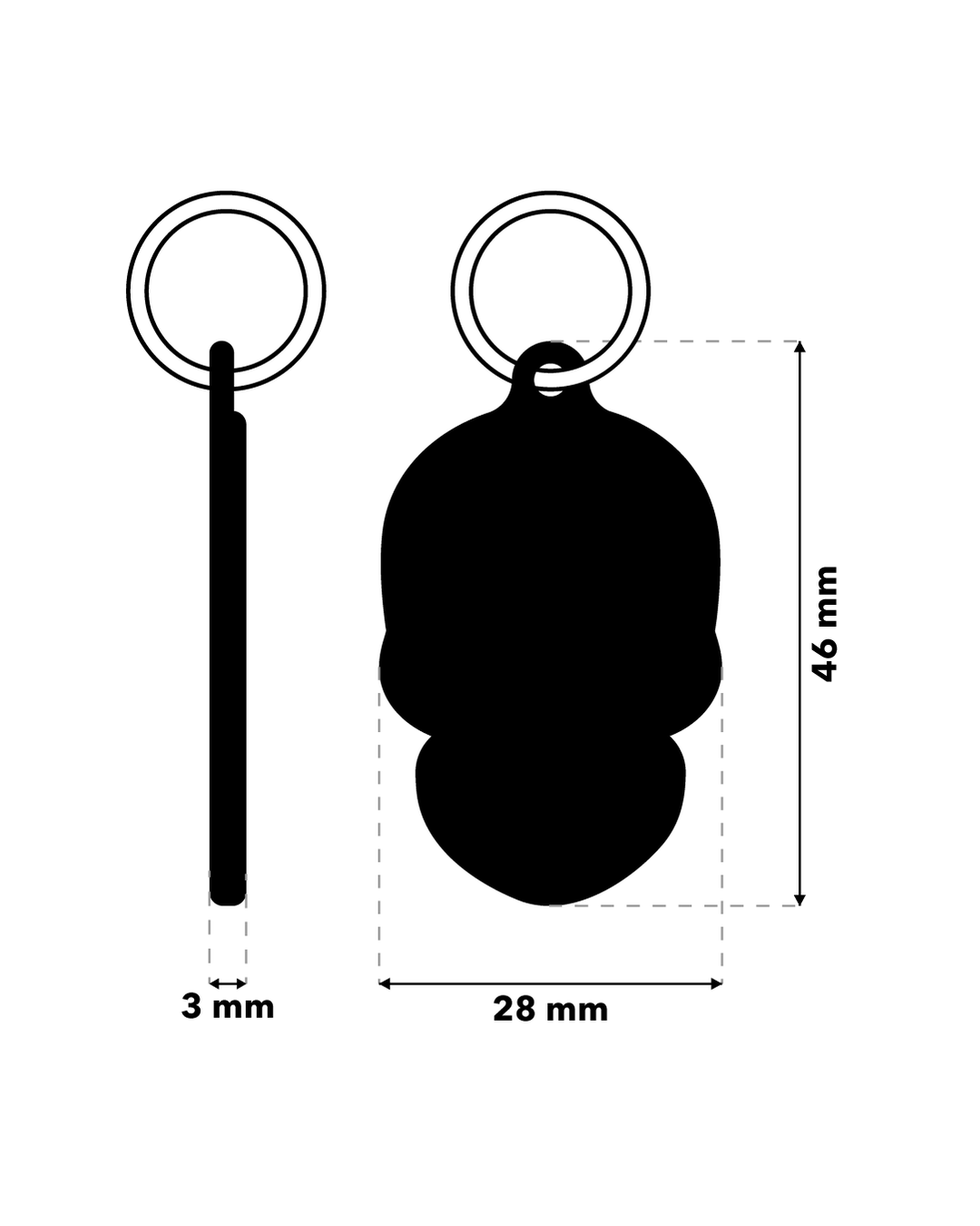 TAGiDOG Skull Spark Green ID Tag dimensions, 28 mm wide and 46 mm high, 3 mm thickness
