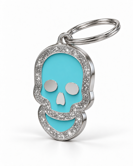TAGiDOG Skull Spark Blue ID Tag, angled view