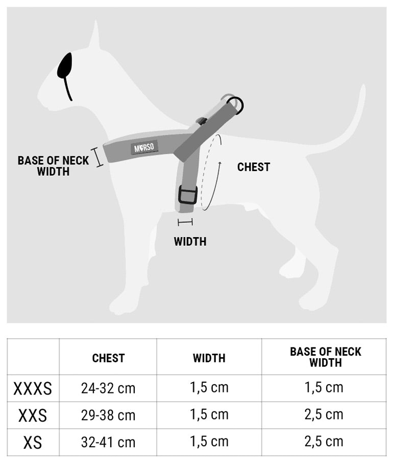 Adjustable Mini harness size chart