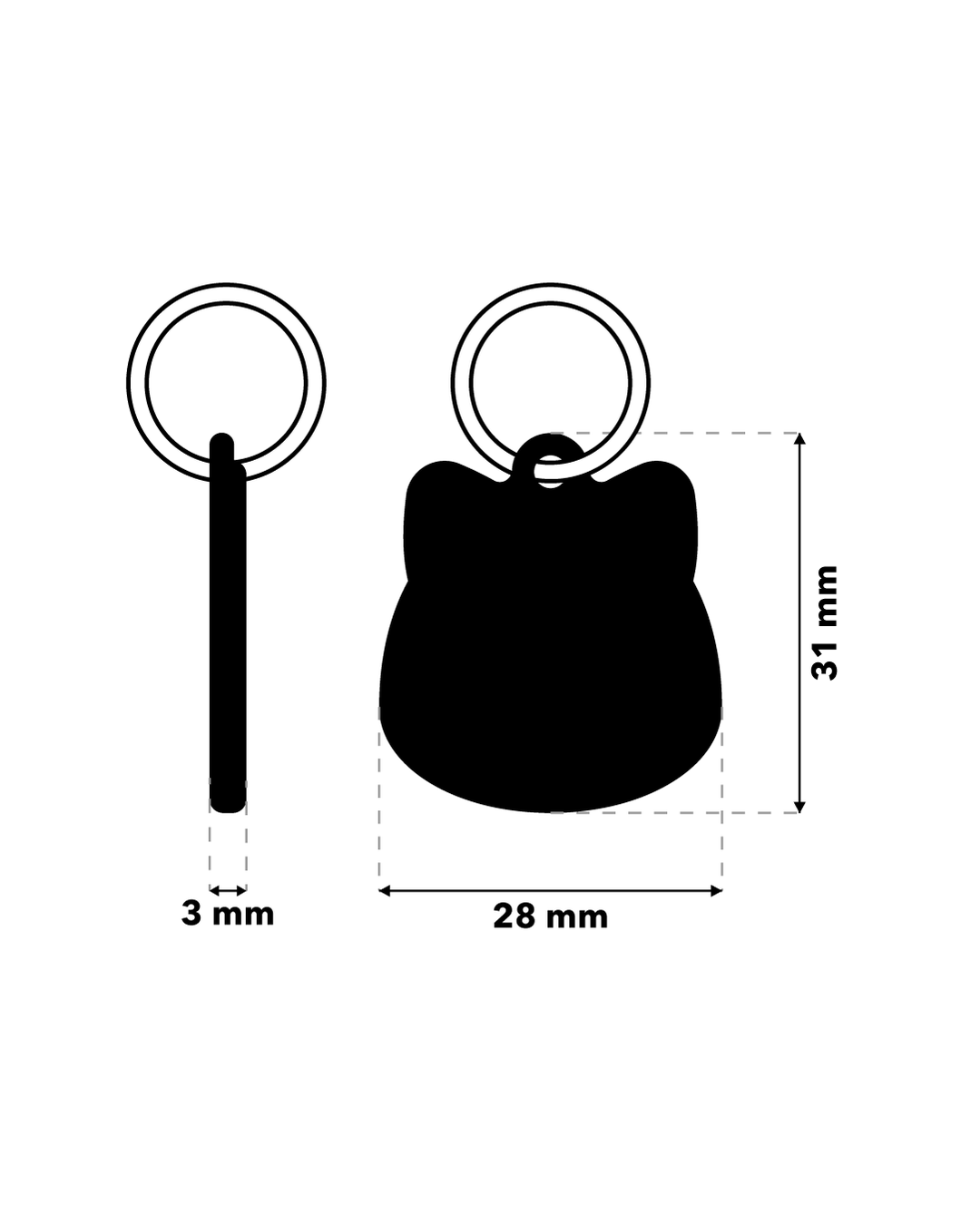 TAGiDOG Akita Inu Dog ID Tag dimensions, 28 mm wide and 31 mm high, 3 mm thickness