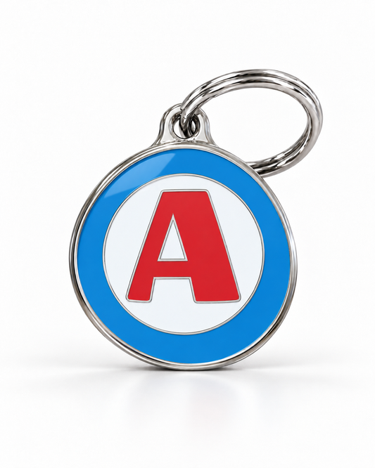 TAGiDOG letter A dog ID tag, round front view on white