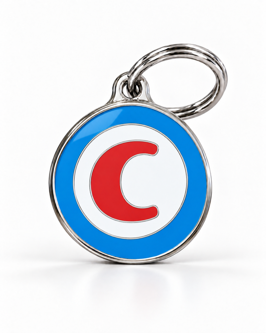 TAGiDOG letter C dog ID tag, round front view on white