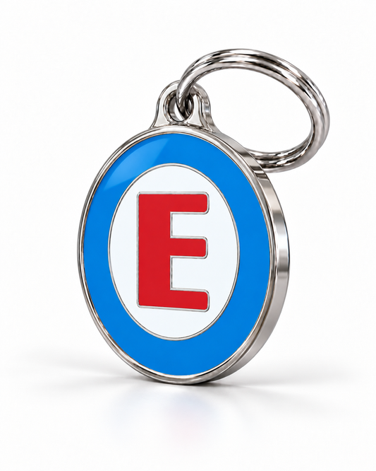 TAGiDOG letter E dog ID tag, angled view