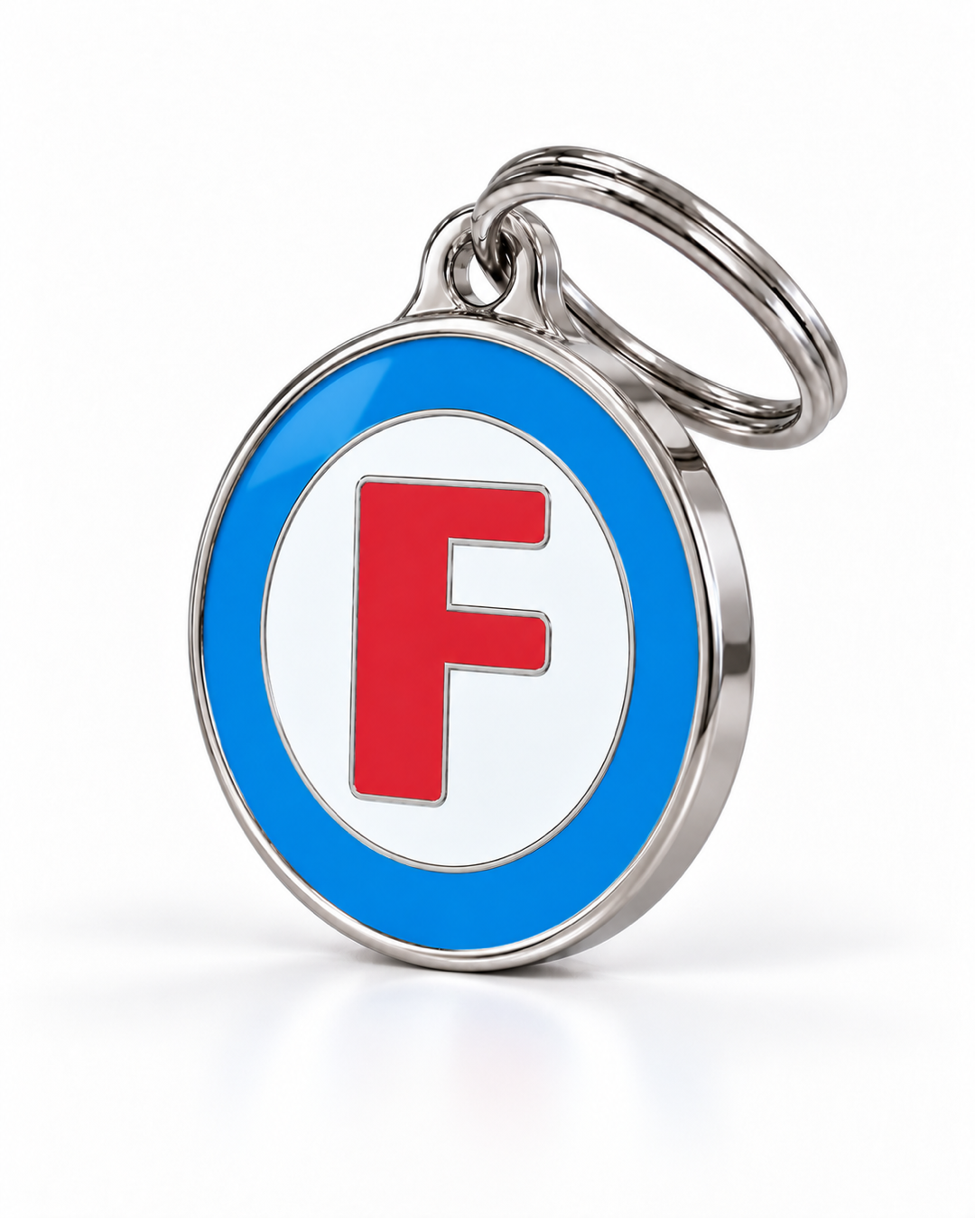 TAGiDOG letter F dog ID tag, angled view