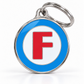 TAGiDOG letter F dog ID tag, round front view on white