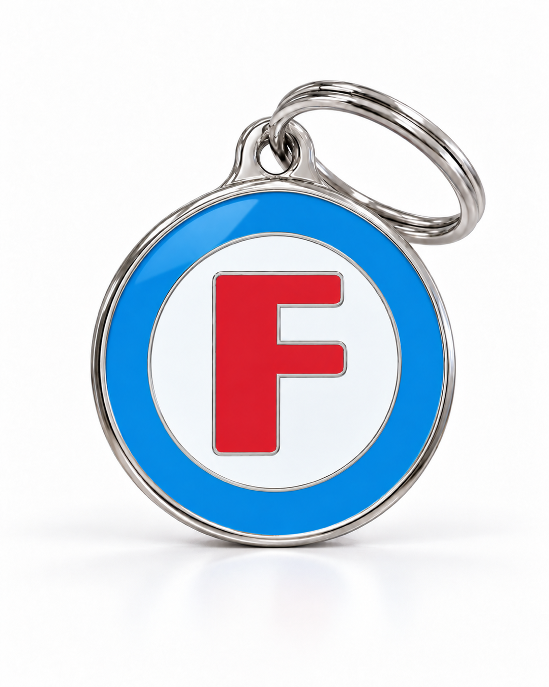 TAGiDOG letter F dog ID tag, round front view on white