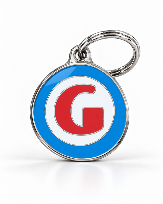 TAGiDOG letter G dog ID tag, round front view on white