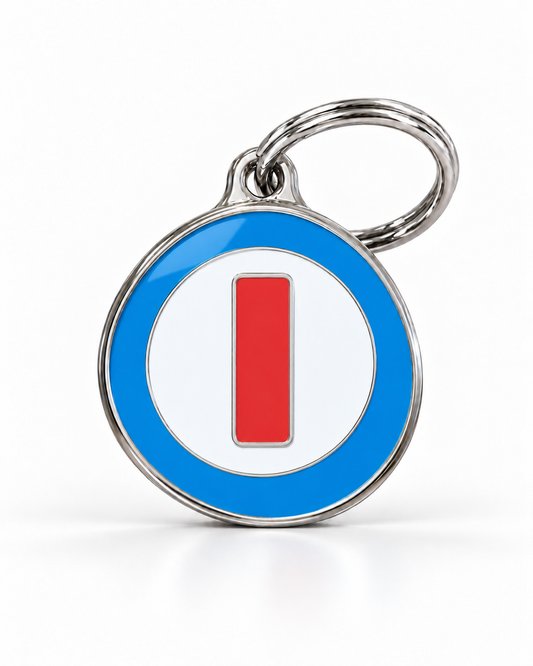 TAGiDOG letter I dog ID tag, round front view on white