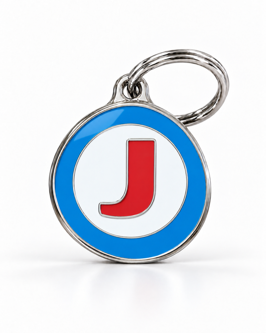 TAGiDOG letter J dog ID tag, round front view on white