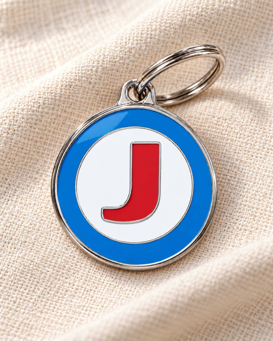 TAGiDOG letter J dog ID tag on light linen