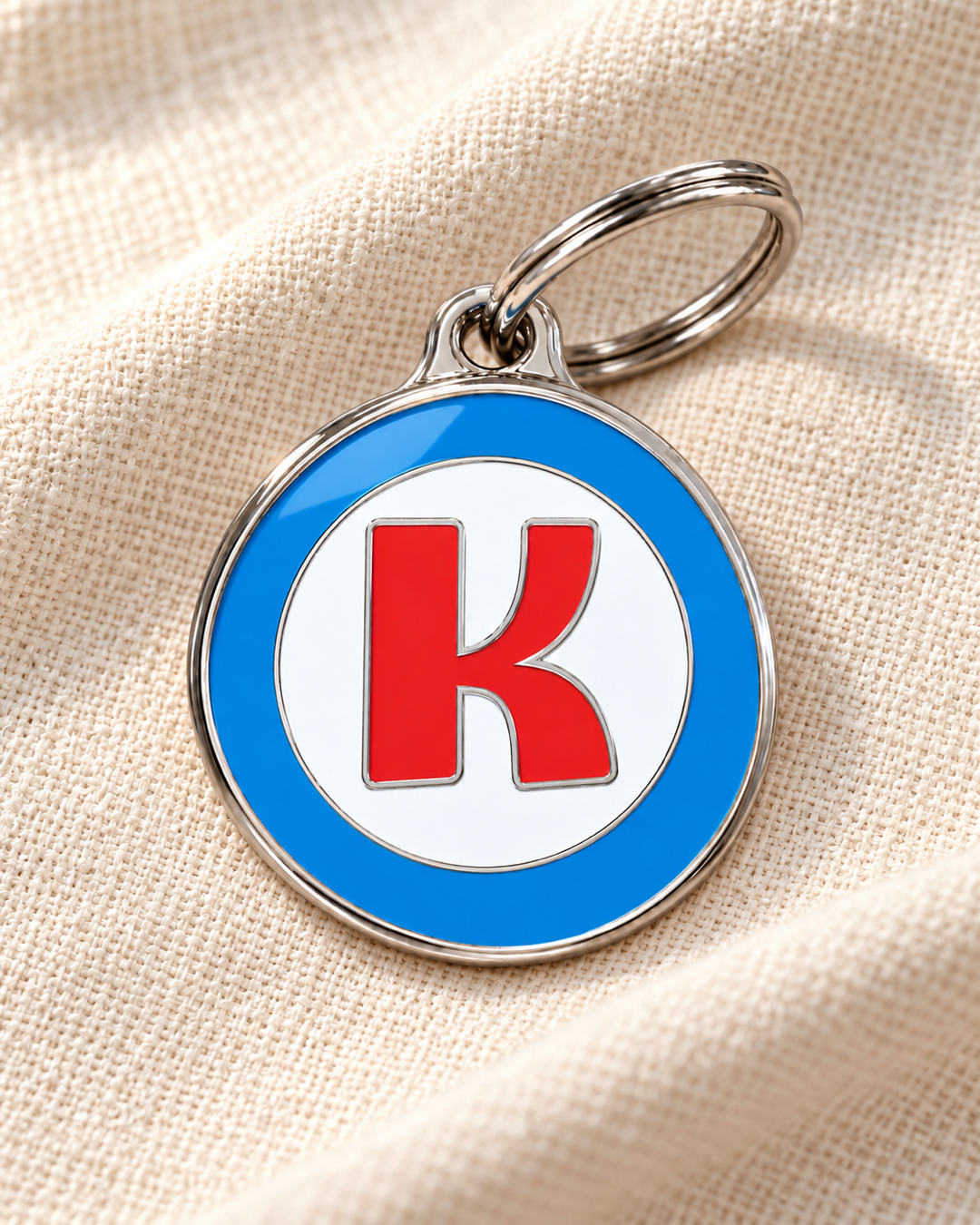 TAGiDOG letter K dog ID tag on light linen