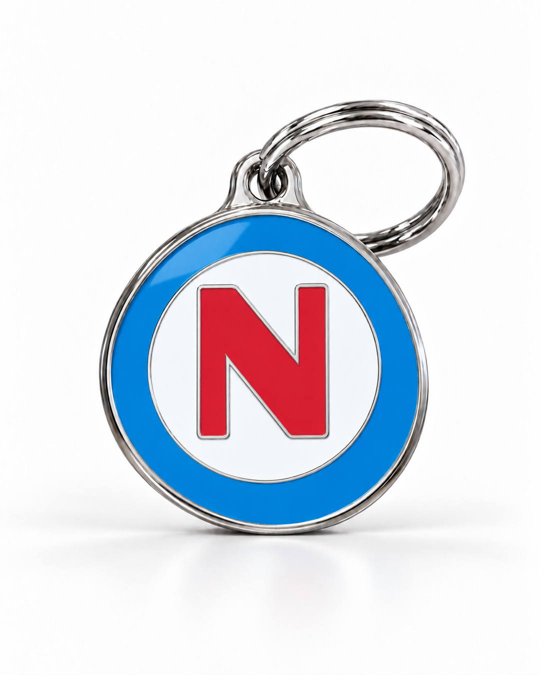 TAGiDOG letter N dog ID tag, round front view on white