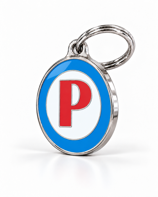TAGiDOG letter P dog ID tag, angled view