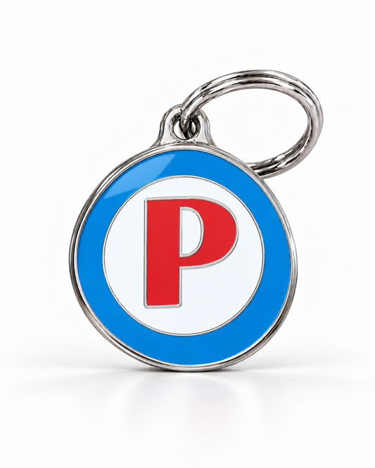 TAGiDOG letter P dog ID tag, round front view on white
