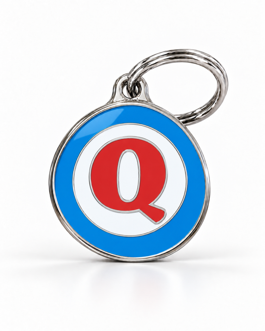 TAGiDOG letter Q dog ID tag, round front view on white