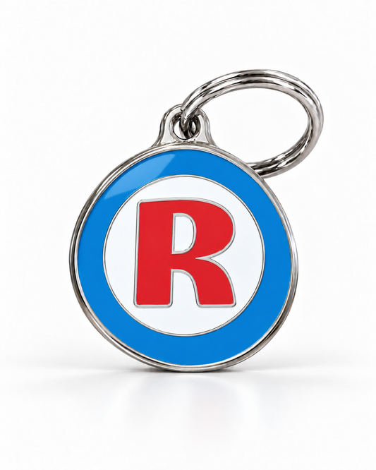 TAGiDOG letter R dog ID tag, round front view on white