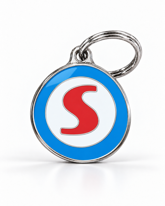 TAGiDOG letter S dog ID tag, round front view on white