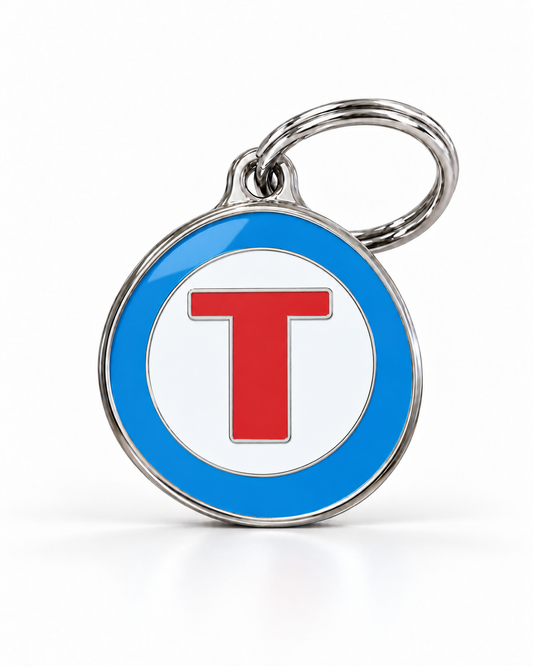 TAGiDOG letter T dog ID tag, round front view on white