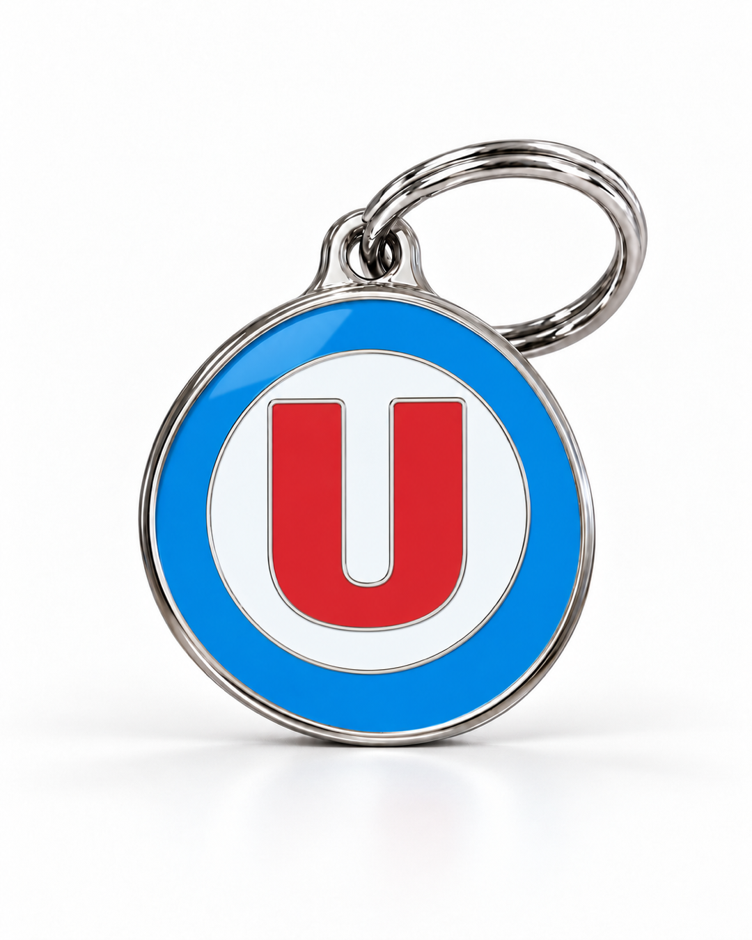 TAGiDOG letter U dog ID tag, round front view on white