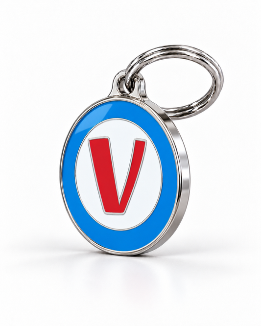 TAGiDOG letter V dog ID tag, angled view