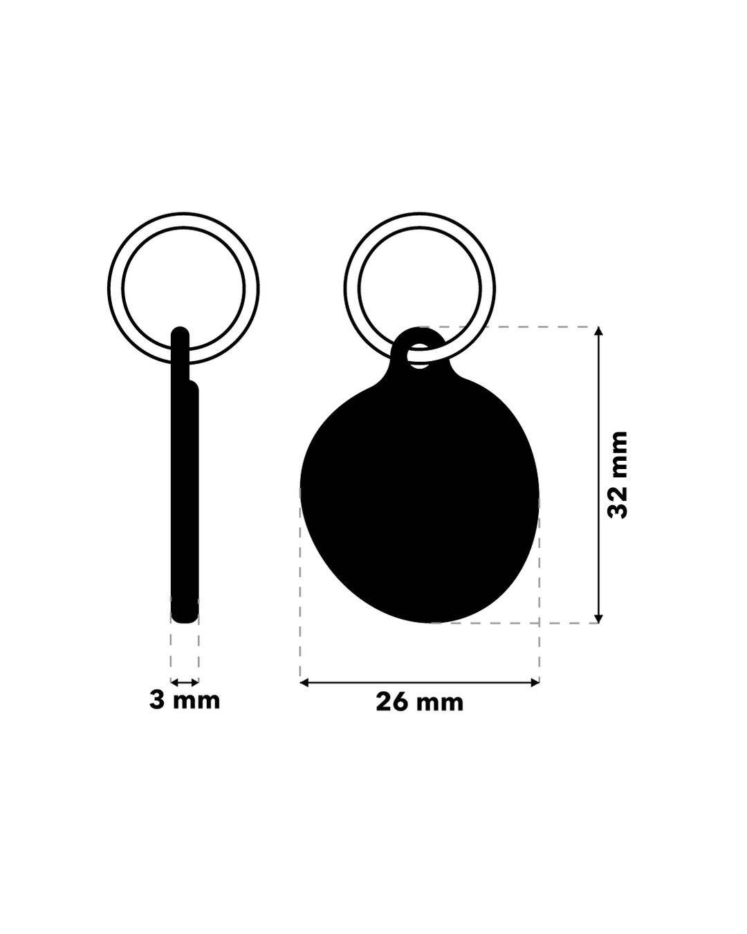 TAGiDOG letter V ID tag dimensions, 26 mm wide and 32 mm high, 3 mm thickness