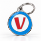 TAGiDOG letter V dog ID tag, round front view on white