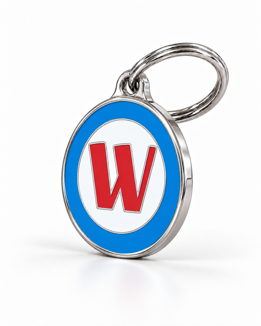TAGiDOG letter W dog ID tag, angled view