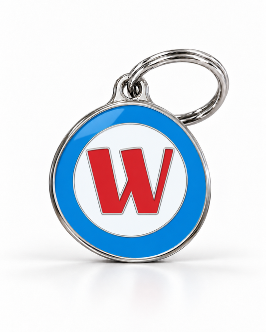 TAGiDOG letter W dog ID tag, round front view on white