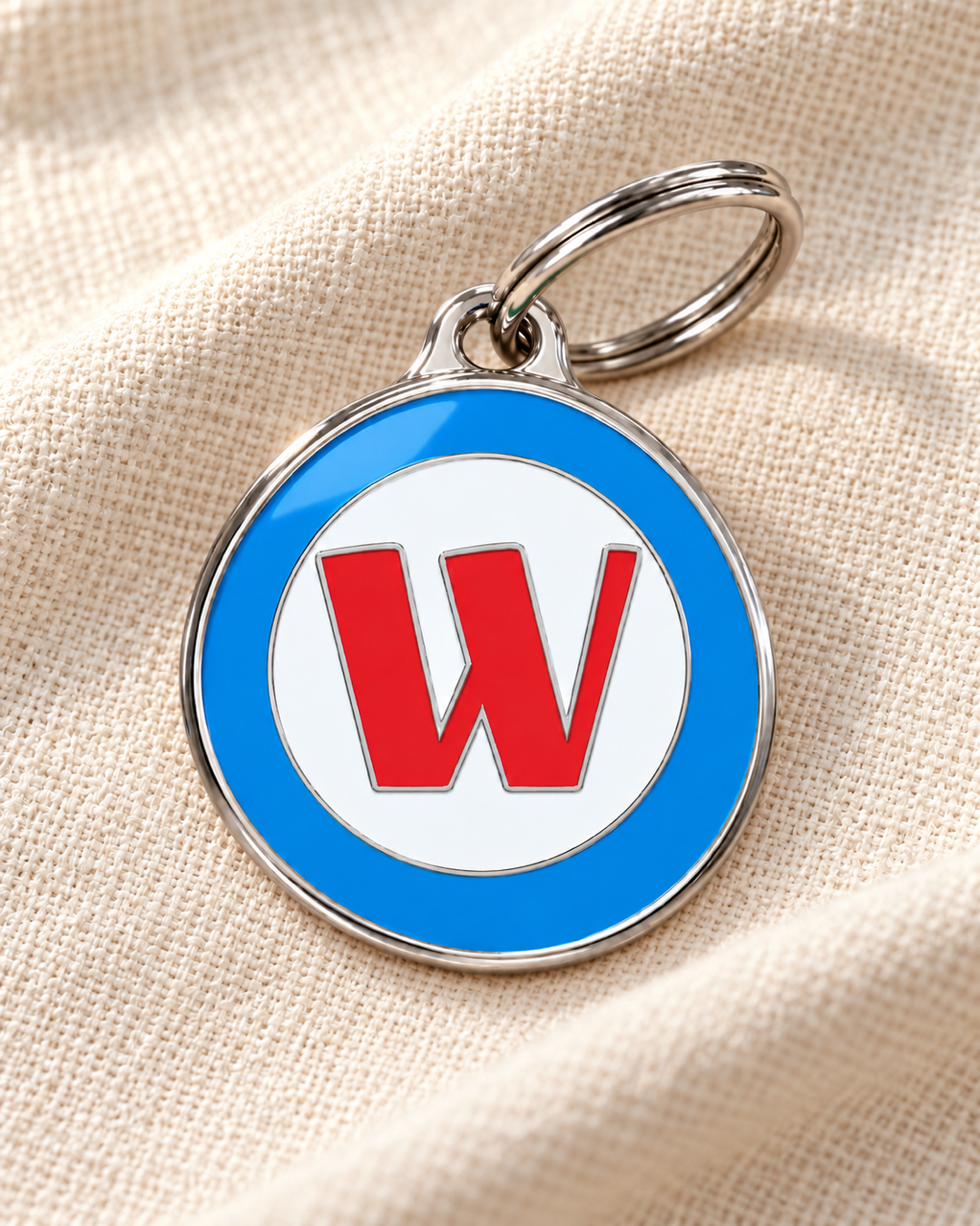 TAGiDOG letter W dog ID tag on light linen