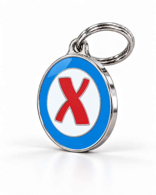 TAGiDOG letter X dog ID tag, angled view