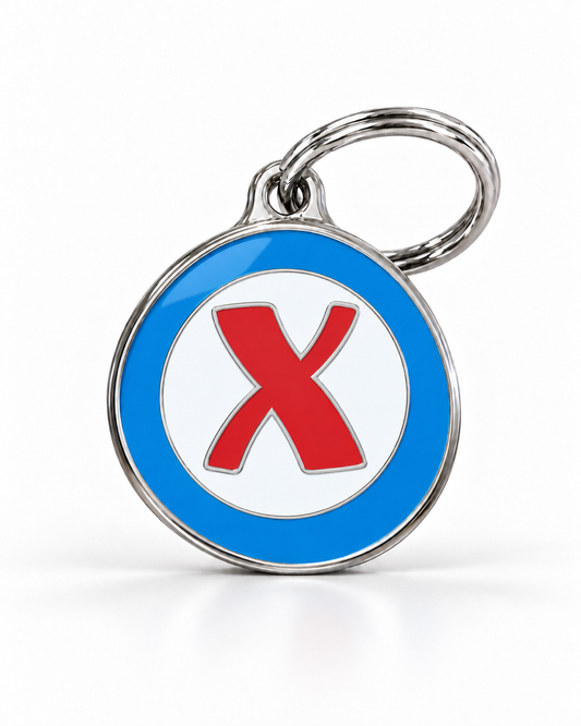 TAGiDOG letter X dog ID tag, round front view on white