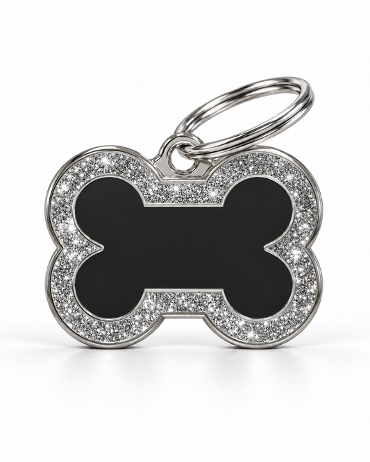 TAGiDOG Bone Spark Black ID Tag dog ID tag, front view on white