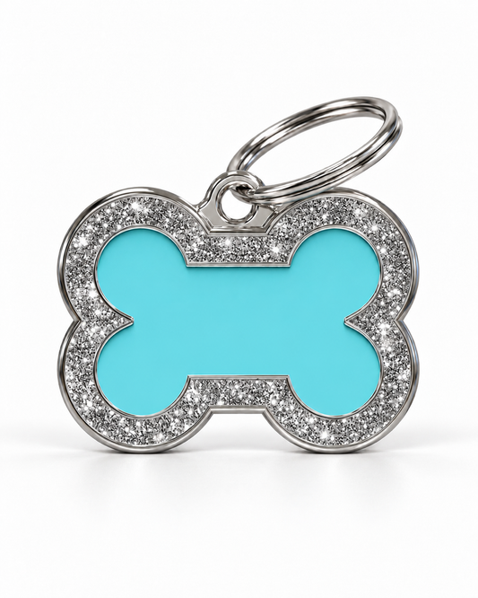 TAGiDOG Bone Spark Blue ID Tag, front view on white