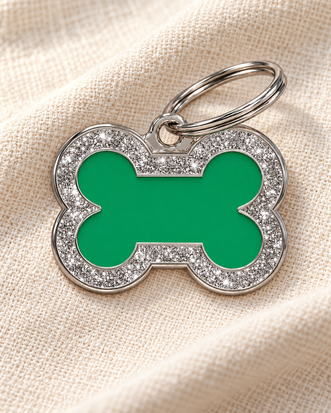 TAGiDOG Bone Spark Green ID Tag on light linen