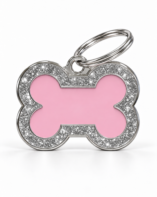 TAGiDOG Bone Spark Pink ID Tag, front view on white