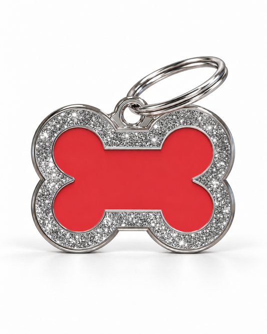 TAGiDOG Bone Spark Red ID Tag dog ID tag, front view on white