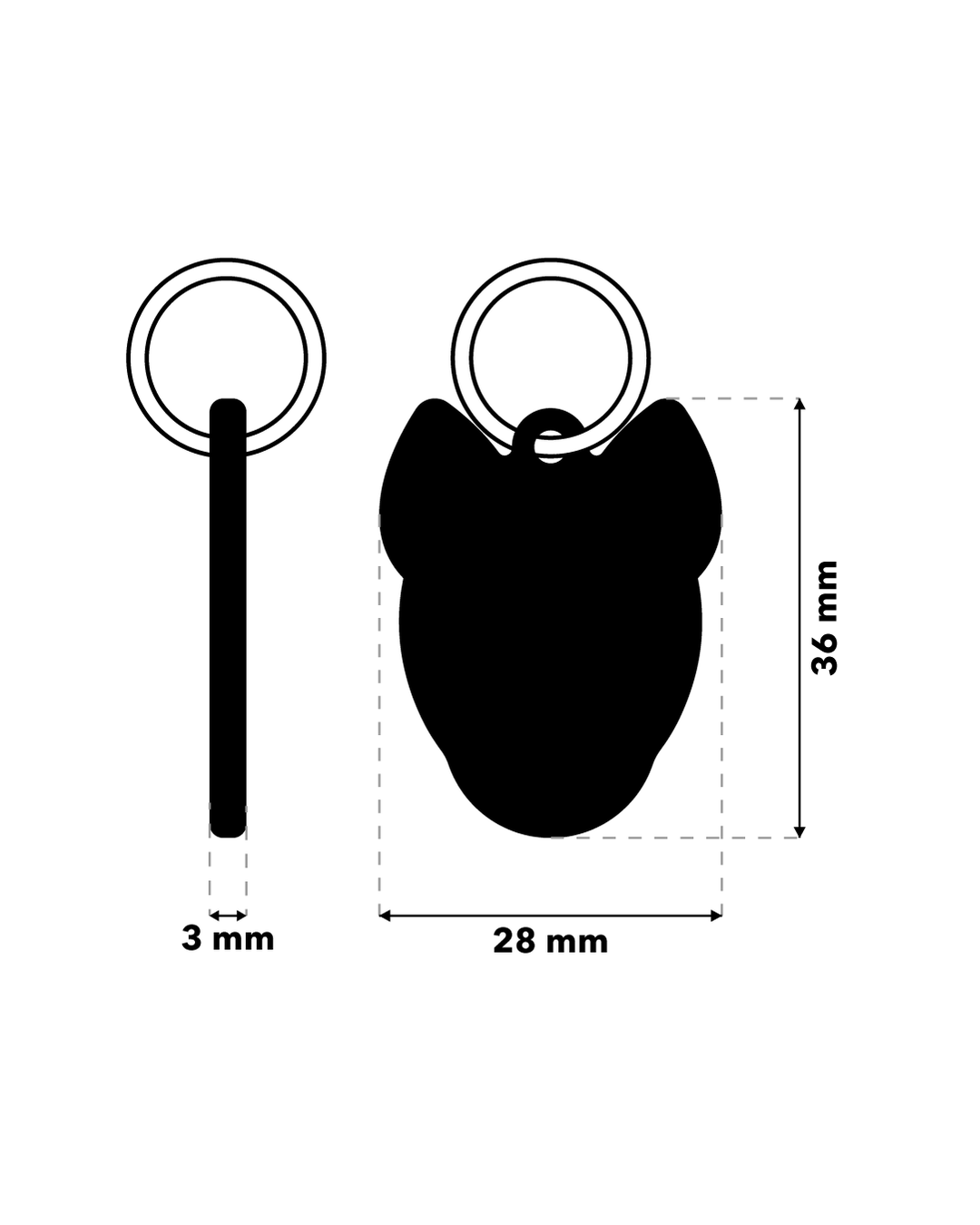 TAGiDOG Bull Terrier Dog ID Tag dimensions, 28 mm wide and 36 mm high, 3 mm thickness