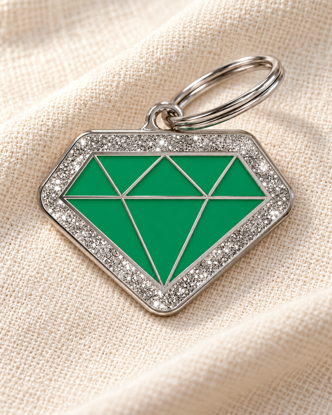 TAGiDOG Diamond Spark Green ID Tag on light linen