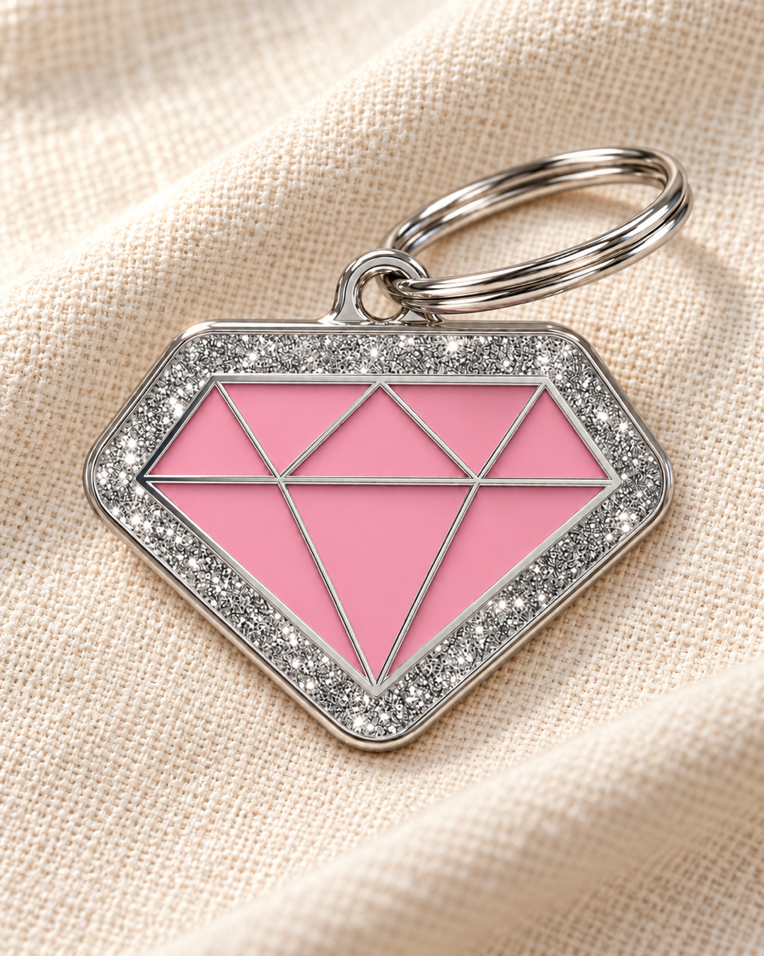 TAGiDOG Diamond Spark Pink ID Tag on light linen