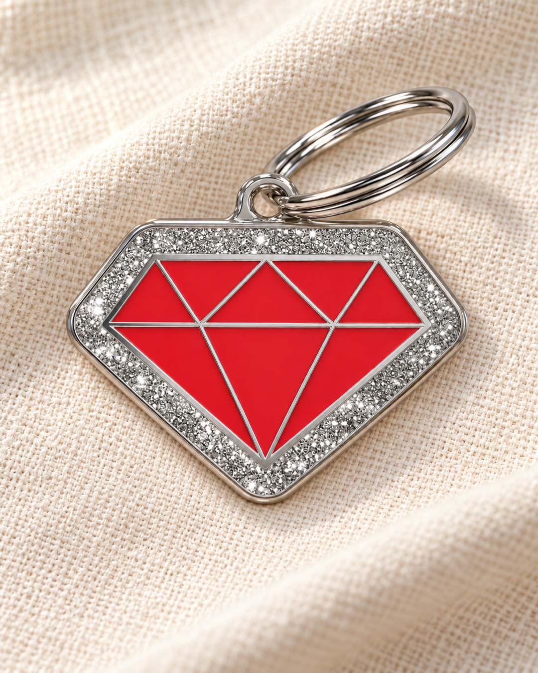 TAGiDOG Diamond Spark Red ID Tag dog ID tag on light linen