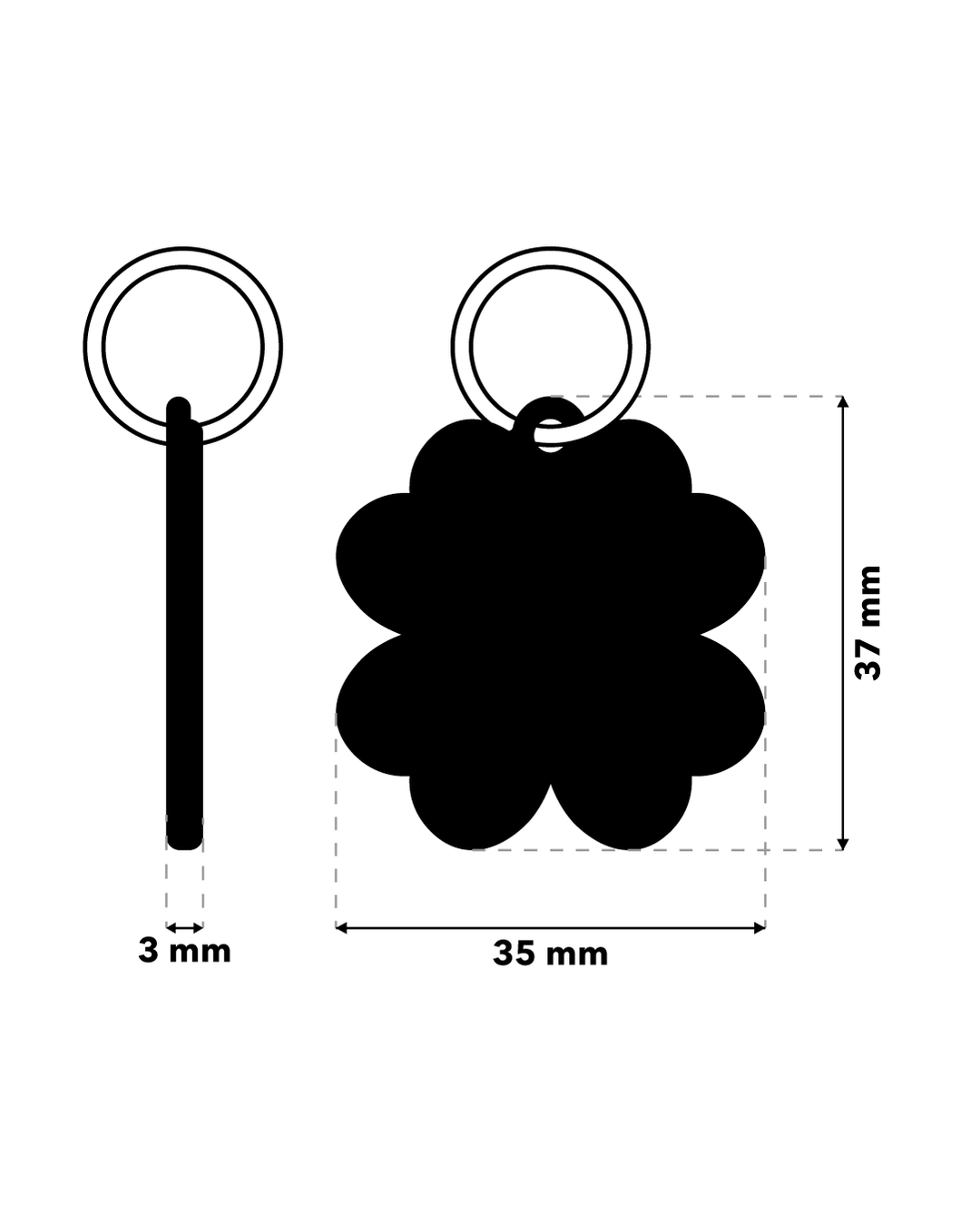 TAGiDOG Emoji Clover Charm ID tag dimensions, 35 mm wide and 37 mm high, 3 mm thickness