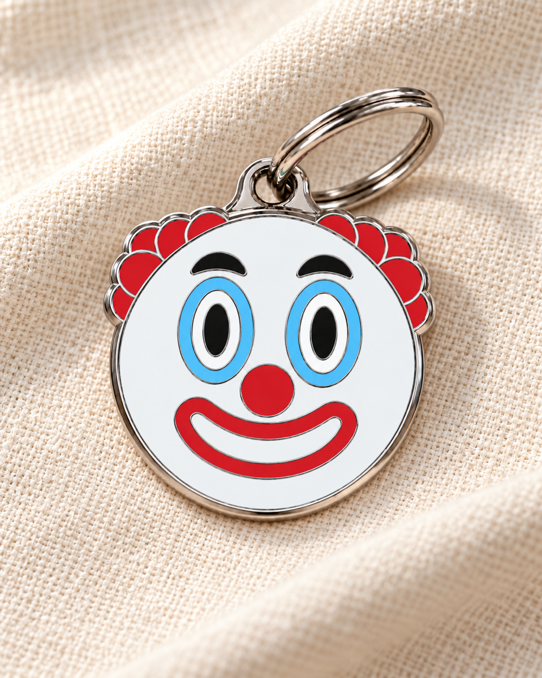 TAGiDOG Emoji Clown dog ID tag on light linen