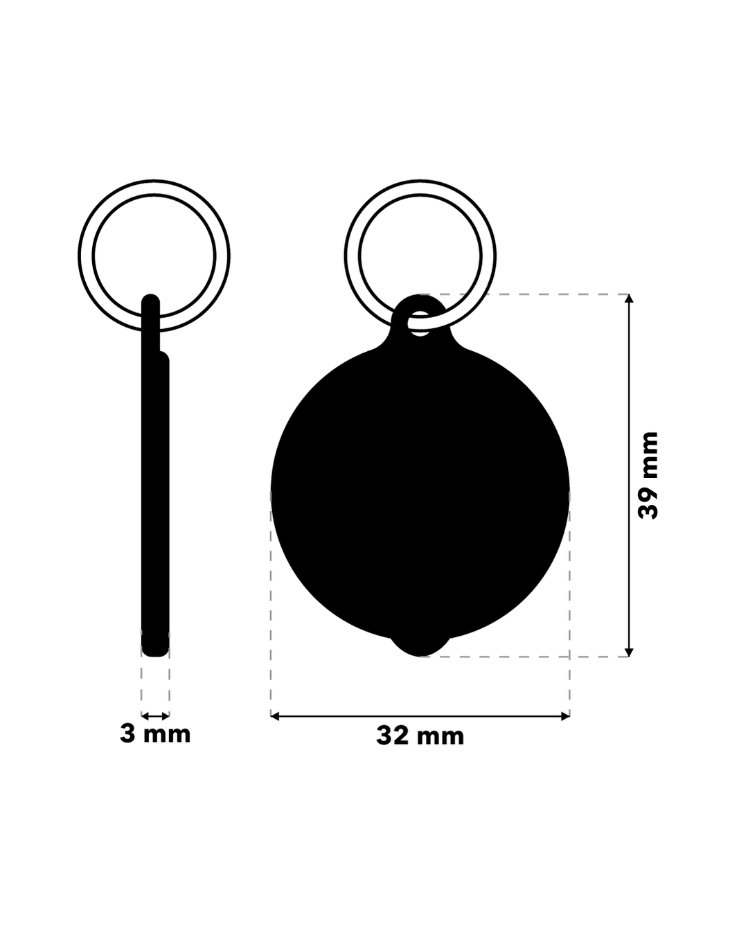 TAGiDOG Emoji Goofy ID tag dimensions, 32 mm wide and 39 mm high, 3 mm thickness